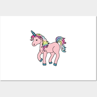 Pink Unicorn with Colorful Mane and Tail and Glitter (textured) Horn and Feet Posters and Art